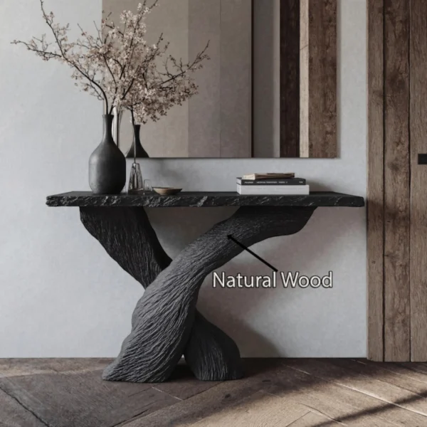 The Volcanic Abyss Console Table - A Sculptural Statement in Textured Wood