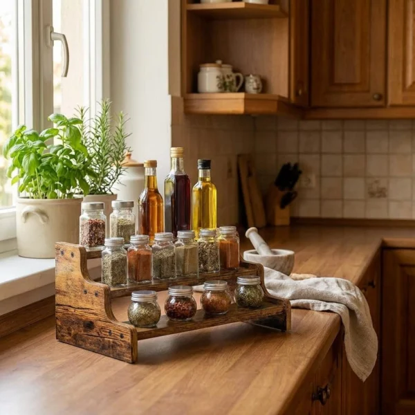 The Heritage 3-Tier Spice Sentinel – Handcrafted Vintage Wood Countertop Organizer