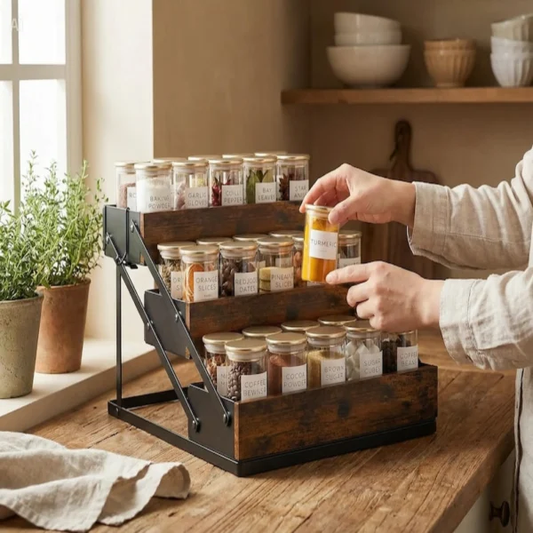 The Industrial Farmhouse Spice Sanctuary – 3-Tier Foldable Rustic Wood & Metal Organizer