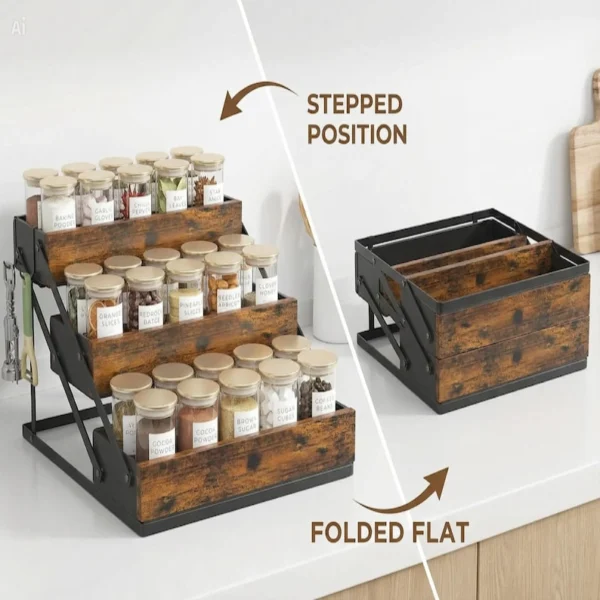 The Industrial Farmhouse Spice Sanctuary – 3-Tier Foldable Rustic Wood & Metal Organizer