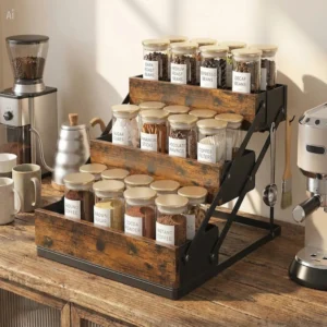 The Industrial Farmhouse Spice Sanctuary – 3-Tier Foldable Rustic Wood & Metal Organizer (5)