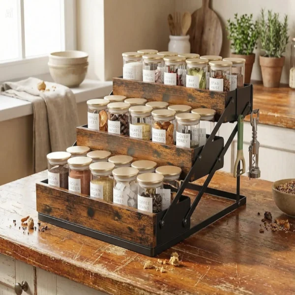 The Industrial Farmhouse Spice Sanctuary – 3-Tier Foldable Rustic Wood & Metal Organizer